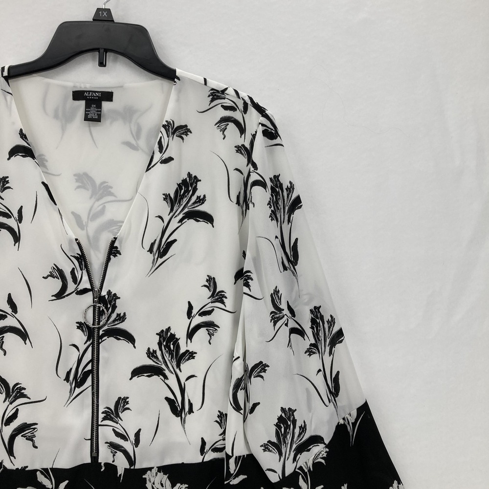 Alfani Blouse Womens 3X Black White Floral Zip Front Long Sleeve Pullover Tunic - Picture 2 of 11